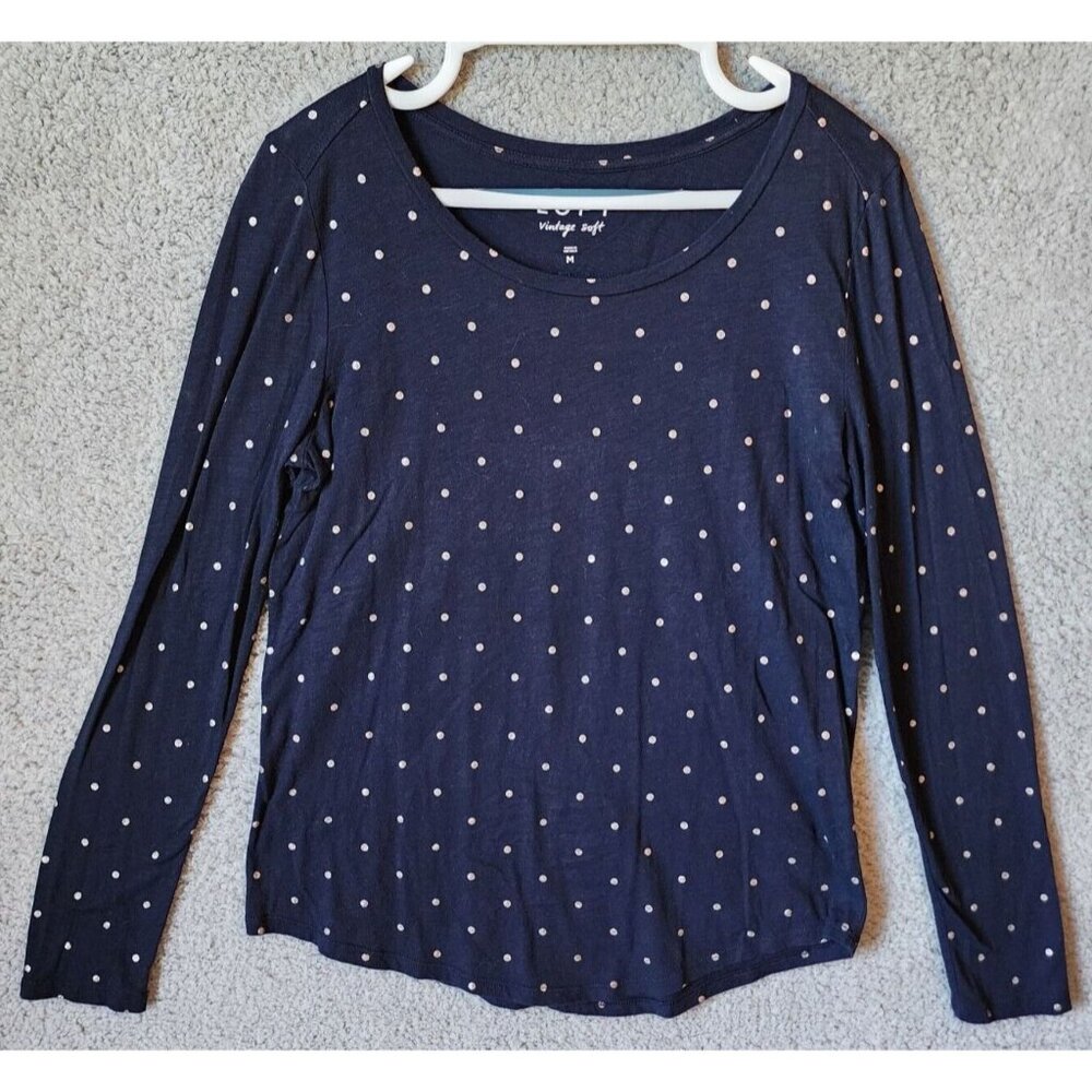 Loft Long Sleeve Round Neck Vintage Soft T Shirt Top Blue/Silver Polka Dot Sz M